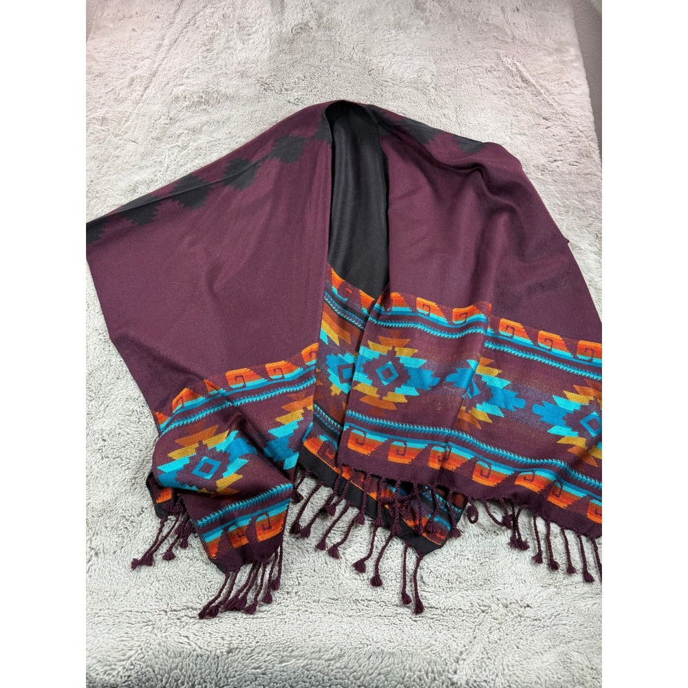 New Women's Southwest Geometric Pattern Tassel Scarf Wrap Burgundy‎ Black